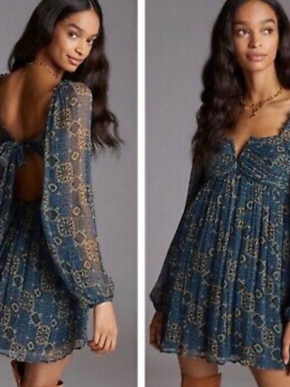 Anthropologie Let Me Be Babydoll Mini Dress in Blue Sz MP PETITE